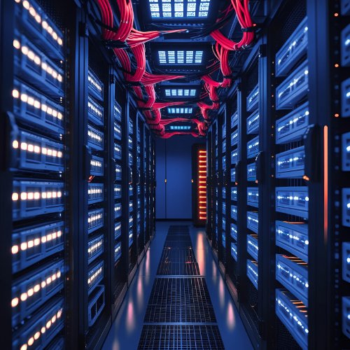AI digital health funding supported by Microsoft cloud data center interior with aligned servers.